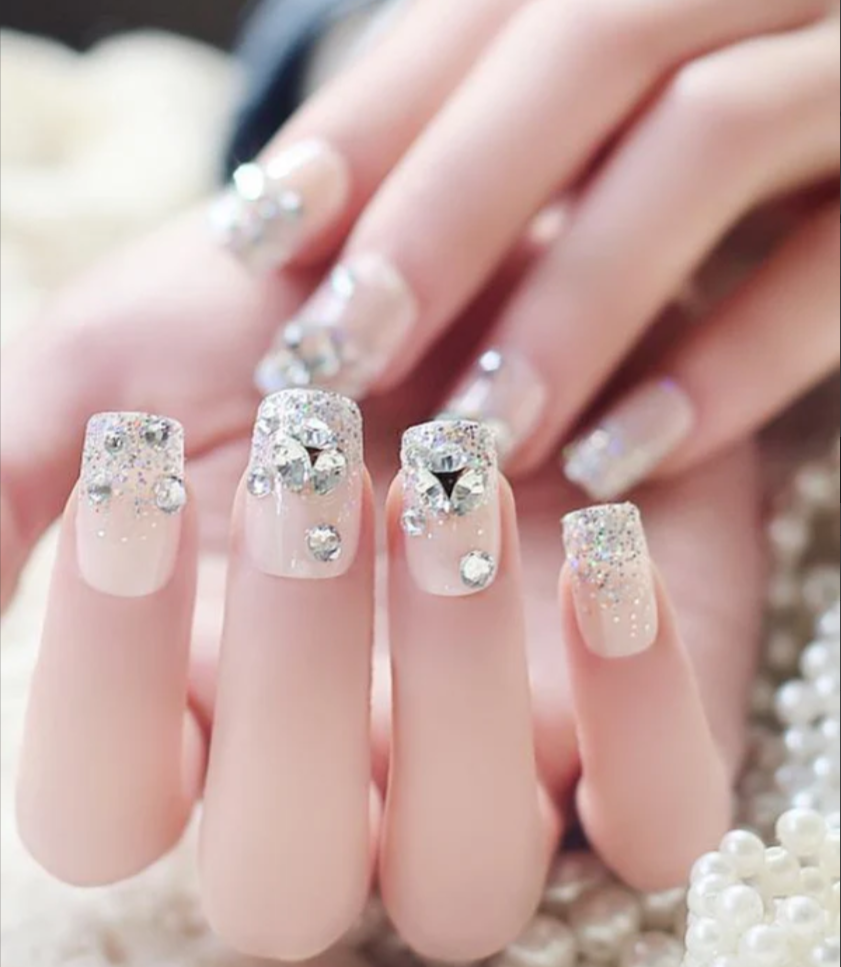 Zoom the image with the mouse    Rhinestone Fake Nails, False Nails Bling Wedding Press On Nails With Design For Women And Girls