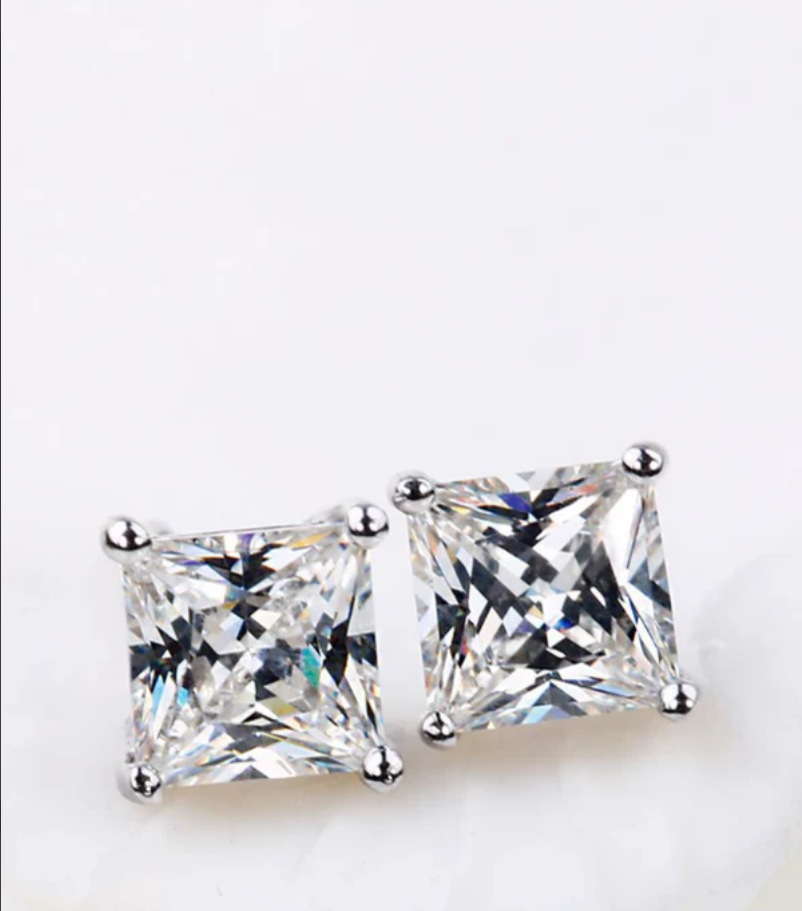 Platinum Plated Sterling Silver Cushion Cut Cubic Zirconia Stud Earrings