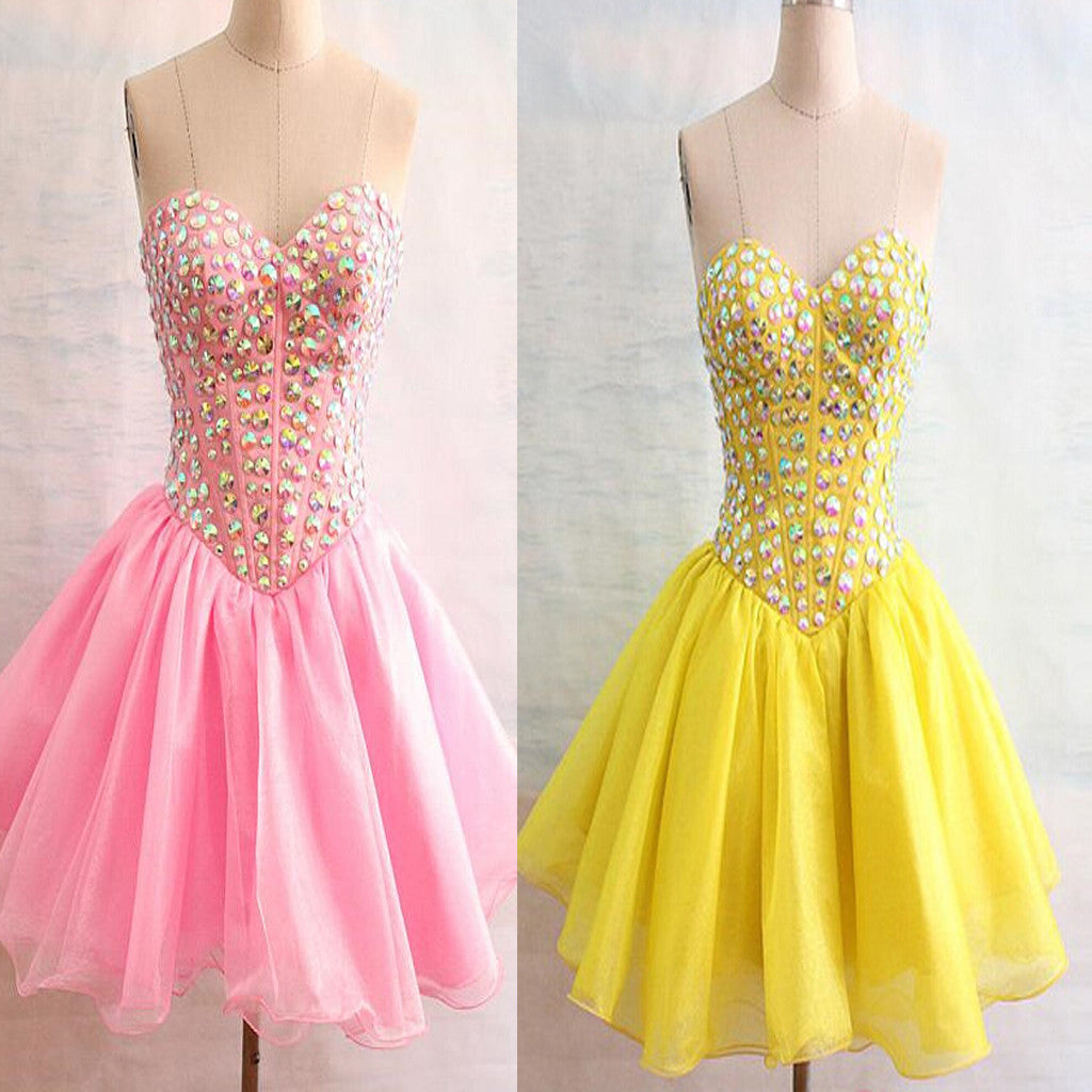Simple Strapless Short Prom Dress Yellow Homecoming Dress with