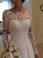 Long A-line Full Length Round Neck Long Sleeve Lace Top Satin Wedding Party Dresses, WD0043