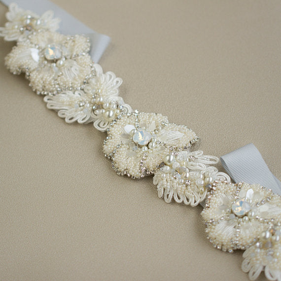 Extra Long 26 Design Ivory Pearl Ribbon Bridal Belt with Crystal Accents 4614BT-I-S-XL