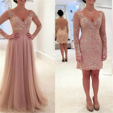 Long Sleeve Lilac Lace Sexy V-neck Evening Party Prom Dresses