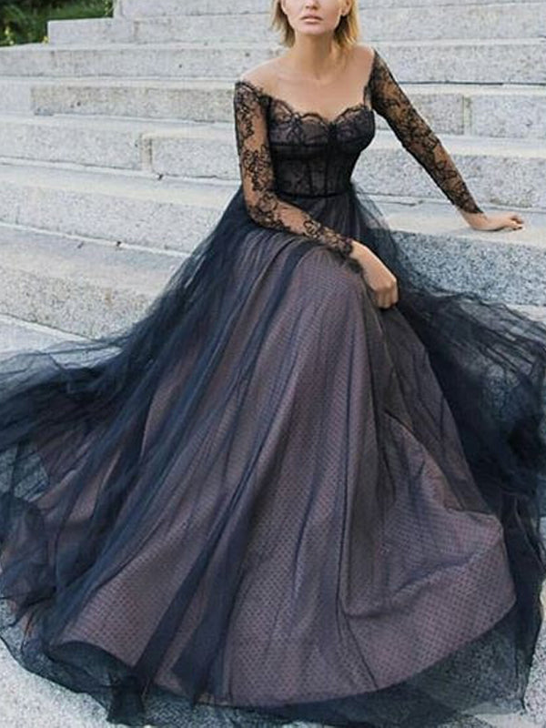 Black Wedding Dresses Lace Long Sleeves Beaded V Neck Gothic Bridal Gowns  Train | eBay
