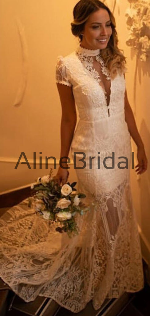 Charming Vintage Lace High Neck See Through Sheath Wedding Dresses, AB1541