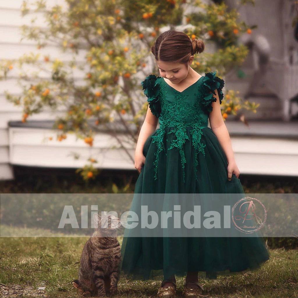 Emerald Green Lace Tulle Half Sleeve Formal Flower Girl Dress for