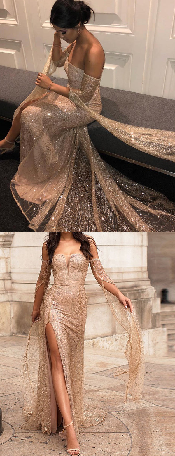Gold Sequined Lace Off Shoulder Long Sleeve Sheath Prom Dresses