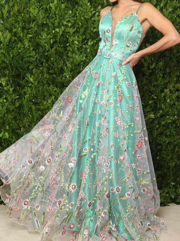 Elegant V-Neck Floral Embroidery Open Back Flower Prom Dresses