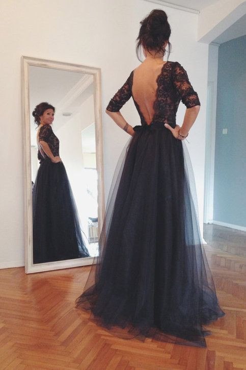 Long Sleeve Black Lace Backless Ball Gown Evening Party Prom Dress, PD0015