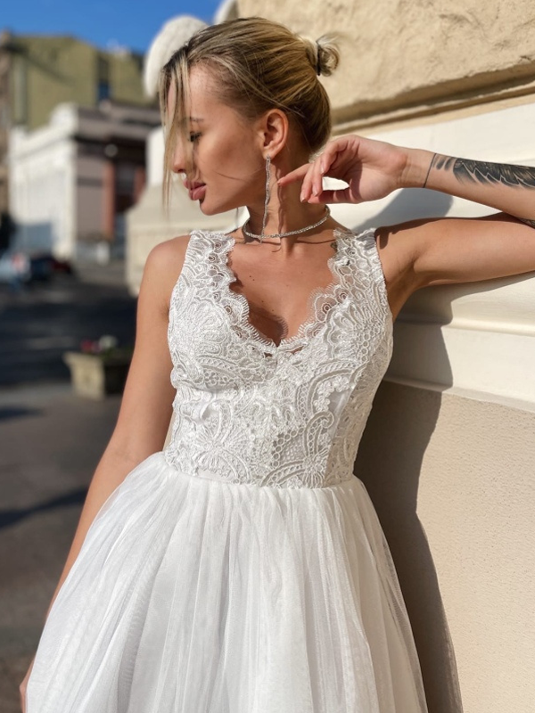 Ivory and Black Lace Spaghetti Strap V-neck A-line Short Prom Dress, P –  AlineBridal