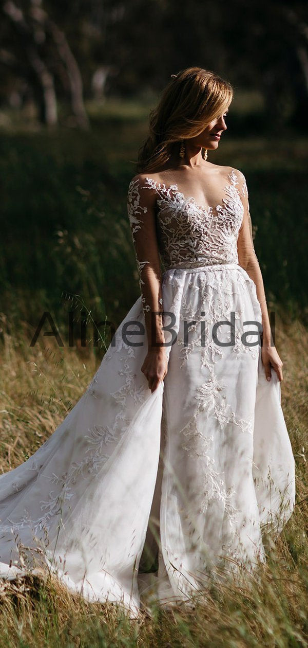 Long Sleeve Illusion lace Top Detachable Overskirt Wedding Dresses