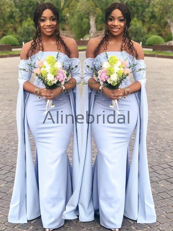 Pale Blue Off Shoulder Unique Long Sleeve Mermaid Bridesmaid Dresses, –  AlineBridal