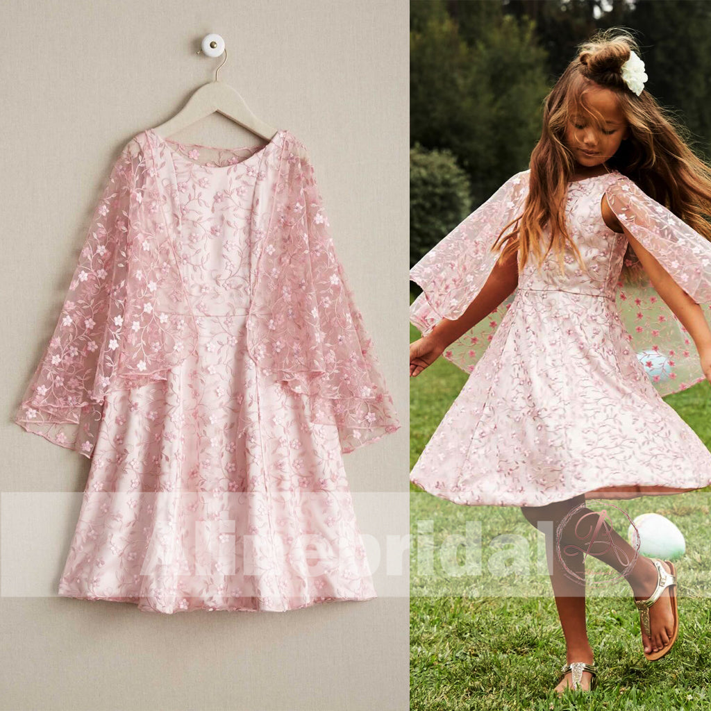 Pink Lace Round Neck With Unique Cape Flower Girl Dresses, FGS084 –  AlineBridal