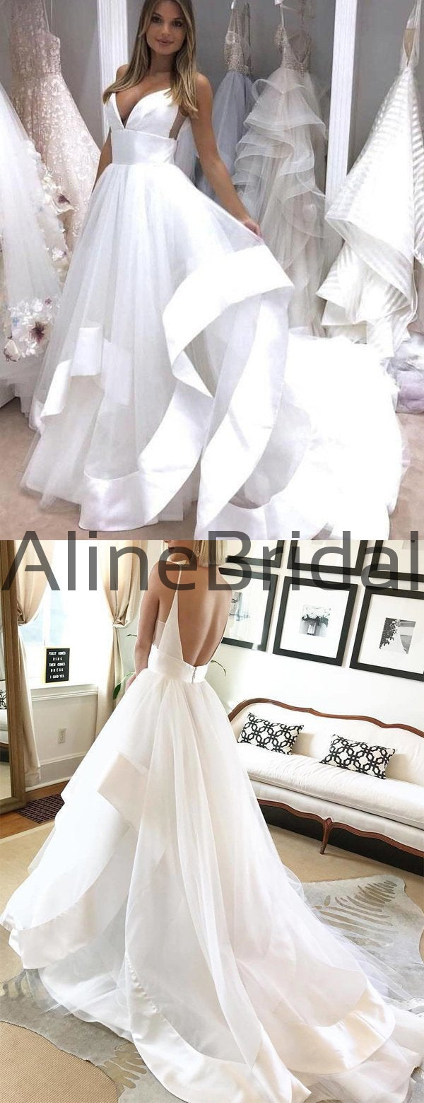 A Line Spaghetti Straps Backless Lace White Beach Wedding Dresses, Whi –  abcprom