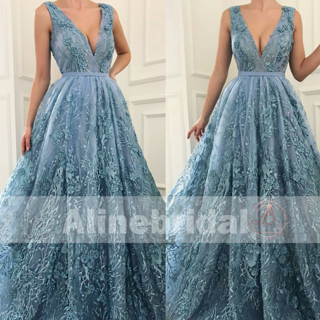 Dark Blue V Neck Gold Lace Beading Satin Long Prom Dresses with High S –  abcprom
