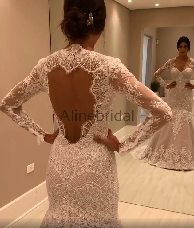 Stunning Lace Applique Sweetheart Strapless Mermaid Wedding Dresses , –  AlineBridal