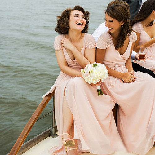 Charming  Long Light Pink Deep V-neck Cap Sleeve Split Chiffon Cheap Simple Style Bridesmaid Dresses, AB1158