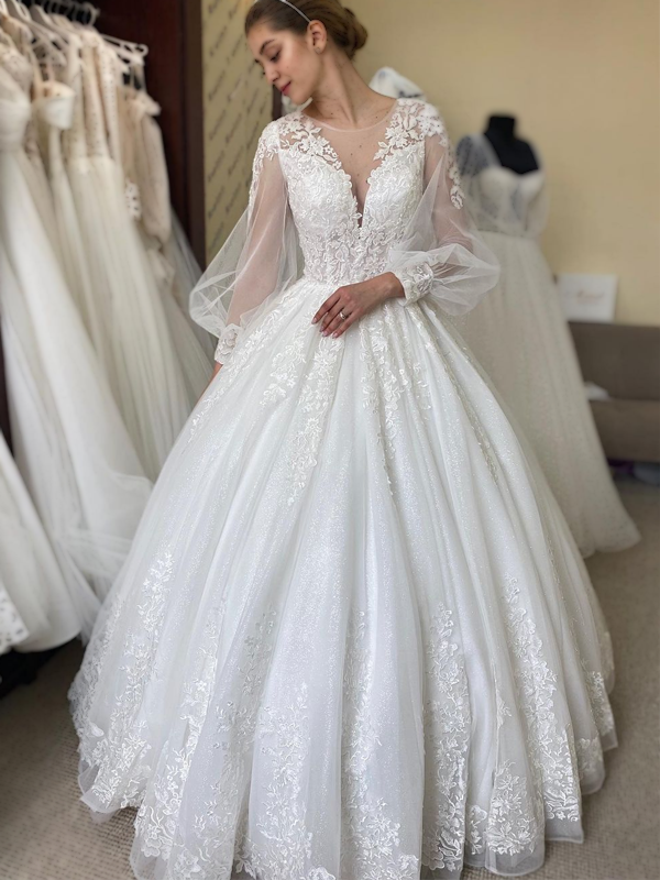Illusion Lace Long-sleeve Tulle A-line Long Wedding Dress, WD3032 –  AlineBridal