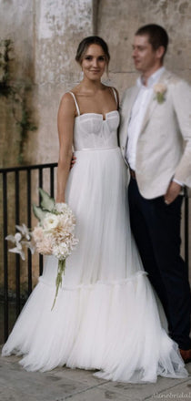 Simple V-neck Spaghetti Strap Tulle Long Wedding Dress WDH046 - US20 /  Custom Color(lea…