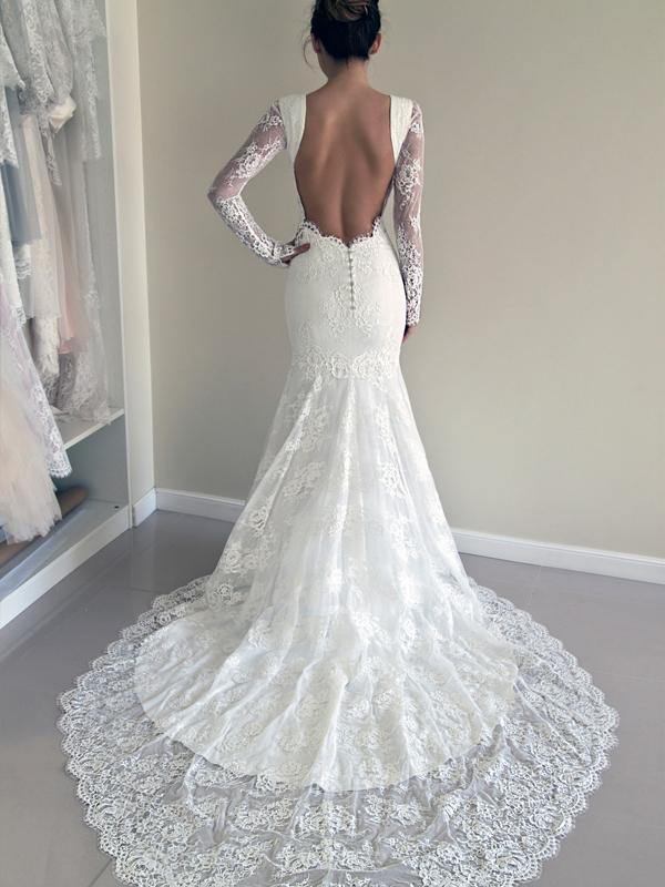 Unique Long Sleeves Backless Round Neck Mermaid Long Wedding Dresses, –  AlineBridal